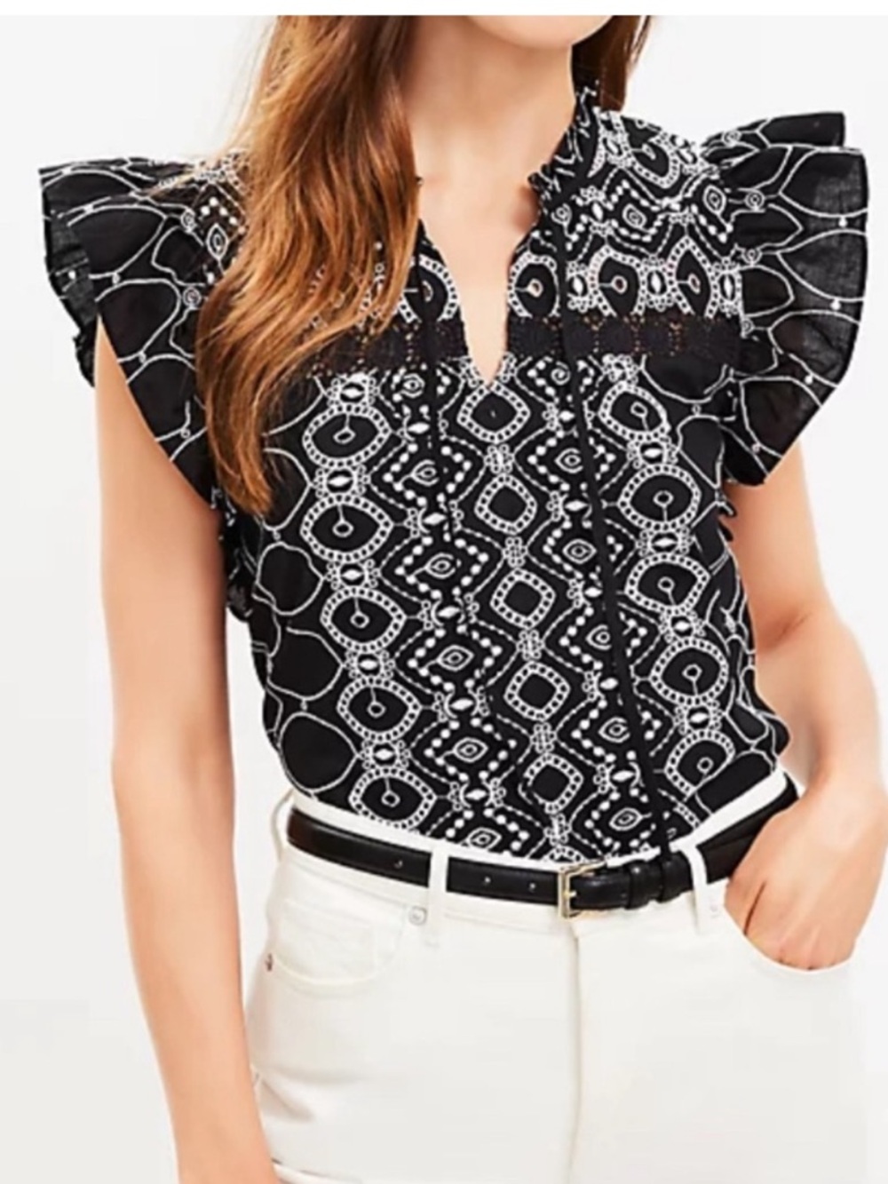 LOFT Black and White cotton Blouse Embroidered Eyelet Flutter Sleeves NWT